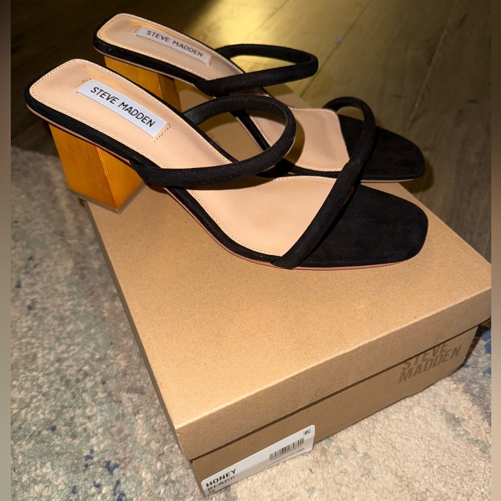 Steve Madden Honey Heeled Sandals, Black, Women's 9 NWT and box